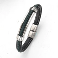 Men's black leather bracelet with green braided cord and stainless steel fold-over clasp - Army Green