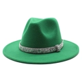Close-up of green wool fedora hat with a sparkling silver rhinestone decorative band - Grass Green