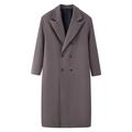 Detailed front view of long double-breasted wool coat in dark mauve with notch lapels - S / Camel