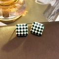 Elegant green and white checkered square stud earrings with gold finish and enamel detail - 15# Checkerboard Studs