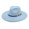 Detail of light blue wool fedora hat featuring a black band and gold buckle - M (56-58cm) / Sky Blue