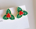Christmas clip-on earrings for kids featuring green holly leaves and red berry designs - 33# Holly Leaves & Berries / Clip-on Earrings Pair