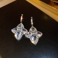 Silver clover drop earrings with pear-shaped cubic zirconia on black leather - Silver Four-Leaf Clover White Zircon Hoop (51#)