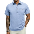 Men's light blue short sleeve cotton linen polo shirt with breast pocket and wood buttons - S / Light Blue