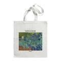 Van Gogh Irises painting print canvas tote bag with artistic lettering on white fabric - Artistic Irises