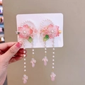 A pair of traditional Chinese pink flower hair clips with long white pearl tassels - Peerless Elegance (273#)