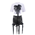 Detail of white butterfly print t-shirt and black lace skirt two-piece outfit - S / Black and White Set