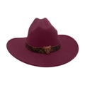 Vintage dark purple wide brim felt fedora hat with leopard metal buckle and leopard band - One Size / Burgundy