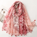 Pink and red paisley cotton linen scarf with floral patterns and tassel trim details - Pink & Red Patchwork (SL2506-012)