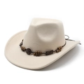 Detail of wool cowboy hat featuring a braided brown band with wooden beads and a decorative buckle - Beige