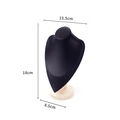 Black velvet necklace bust display stand with wooden base and dimensions shown - Small Black PU with Wood Base