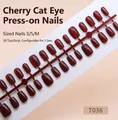 Cherry red cat-eye press-on nails set with shiny metallic finish in T036 style - Cherry Red Cat Eye (T036-S S M) / 30 Pcs/Strip