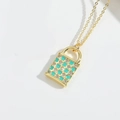Light green enamel checkerboard heart lock pendant necklace in gold finish - Lake Blue Lock