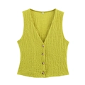 Women's V-neck sleeveless vest in crinkled green fabric with amber buttons flat lay - Yellow Green Top