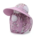 Purple floral sun hat with large brim and protective neck flap for outdoor UV protection - Purple