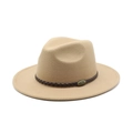 Detail of light camel felt fedora hat featuring a brown braided belt and vintage metal pin - M (56-58cm) / Camel