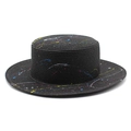 Black boater straw hat with colorful graffiti paint splatter and flat top design - M (56-58cm) / Black Graffiti