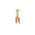 Close-up of gold 18K plated letter R pendant with small pearls and spring clasp detail - Letter R