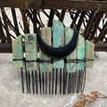 Macro detail of handmade moon hair comb with raw aquamarine crystals and black wire - Amazonite Black Moon