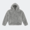 Détail de la veste à capuche en fausse fourrure grise avec broderie croisée - S / Gris Poussière