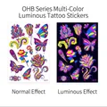 Waterproof butterfly and feather fluorescent tattoo sticker in normal and UV light - Fluorescent OHB-014