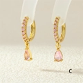 French style gold hoop earrings with sparkling pink zircon waterdrop pendants - Pink