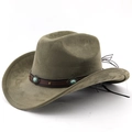Chapeau de cowboy vintage vert armée avec perles turquoise et garniture en cuir sur fond blanc - M (56-58cm) / Vert Militaire