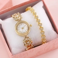 Elegant gold diamond quartz watch set with heart links in a pink gift box - 2303 Gold Watch + Bracelet + Box