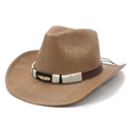 Cappello da cowboy marrone in paglia a tesa larga con piuma dorata in metallo decorativa - M(56-58cm) / Cachi