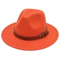 Detail of orange wool fedora hat featuring wide brim and leather belt with silver buckle - Orange