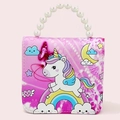 Pink unicorn kids bag with rainbow prints and decorative pearl handle for girls - Unicorn 6-Pink Crown
