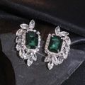 Luxury emerald green square crystal earrings with silver wing-shaped rhinestone tassels - Rectangular Cluster Style / Green