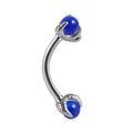 Detail of silver curved barbell featuring blue beads held by gothic dragon claw settings - Deep Sea Blue