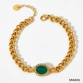 Close-up of gold stainless steel bracelet with green oval stone and crystal halo detail - Oval Green Gemstone Stainless Steel Bracelet (SAK856)