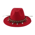 Chapeau fedora en laine rouge avec ruban ethnique tissé et breloques de pièces - 58cm / Rouge