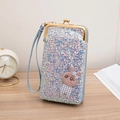 Blue sequined phone crossbody bag featuring a crochet rabbit charm and gold metal frame - Blue
