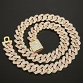Golden Cuban chain necklace featuring alternating white and pink rhinestones with a box clasp - Medium Clasp Half Pink Gold