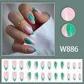Lange stiletto plaknagels met groene golven, goudfolielijnen en kleine kristallen accenten - W886 Stijl (Met Lijm)