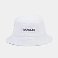 Close-up of Brooklyn letter embroidery and stitching detail on white cotton bucket hat - M (56-58cm) / White
