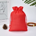 Red linen drawstring gift pouch for jewelry storage with natural wood beads decoration - Red