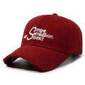 Distressed dark red baseball cap with white 3D embroidery and vintage washed finish - Red