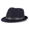 Dark blue wool felt fedora hat with black leather belt and gold metal buckle M - Navy-Black Belt