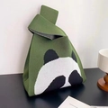 Green knitted panda handbag with knotted strap and trendy cartoon animal design - Green Shy Panda