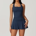 Robe de fitness bleu marine pour femme avec haut licou et jupe plissée sport - S / Gilet + Jupe / Bleu Marine