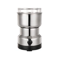 Macinacaffè elettrico in acciaio inox argento con coperchio trasparente su bianco - Piccola Dimensione / Spina EU