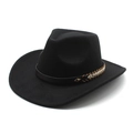 Classic black felt cowboy hat with leather braided band and wide rolled brim on white background - M (56-58cm) / Black