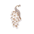 Golden peacock brooch with white faux pearls and clear rhinestones on white background - Pearl Rhinestone Peacock Style (LX-5937 Champagne Gold 40324014)