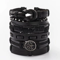 Detailed close-up of multi-layer leather bracelets featuring silver tree of life and studs - L19-Black Rivet Tree of Life Multi-layer Set