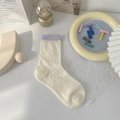 Breathable Japanese style crew socks in creamy white with light purple ribbed cuffs - Purple Contrast Cuff