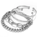 4-piece silver metal bracelet set with layered thick chains and 'LOVE' engraved cuff - 4 Pcs Silver LOVE Letter Set